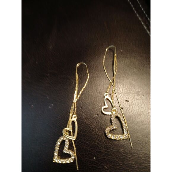 Gold & Crystal Open Hearts on Long Strands Earrings 3.15" - Picture 5 of 5